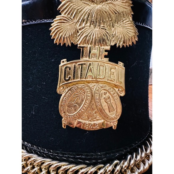 Vintage The Citadel Military Academy Black Suede Parade Hat Gold Chain Badg 1842 - Picture 6 of 8